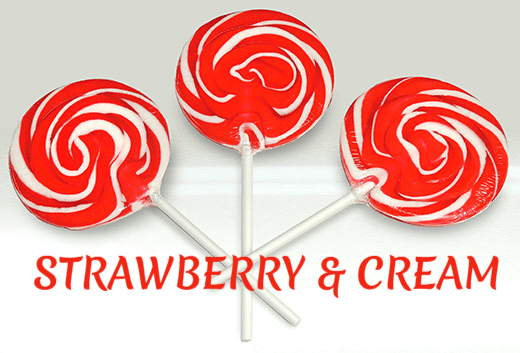 SWIRLY ROCK LOLLIPOPS STRAWBERRY AND CREAM FLAVOUR. 24x85g (100mm)